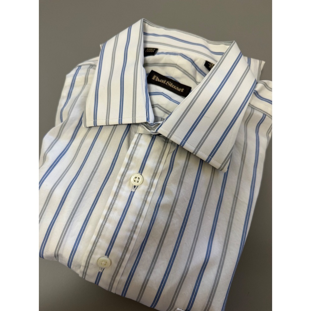 Paul Stuart Mens Dress Shirt 16 35 White Blue Grey Striped Cotton Made in Canada